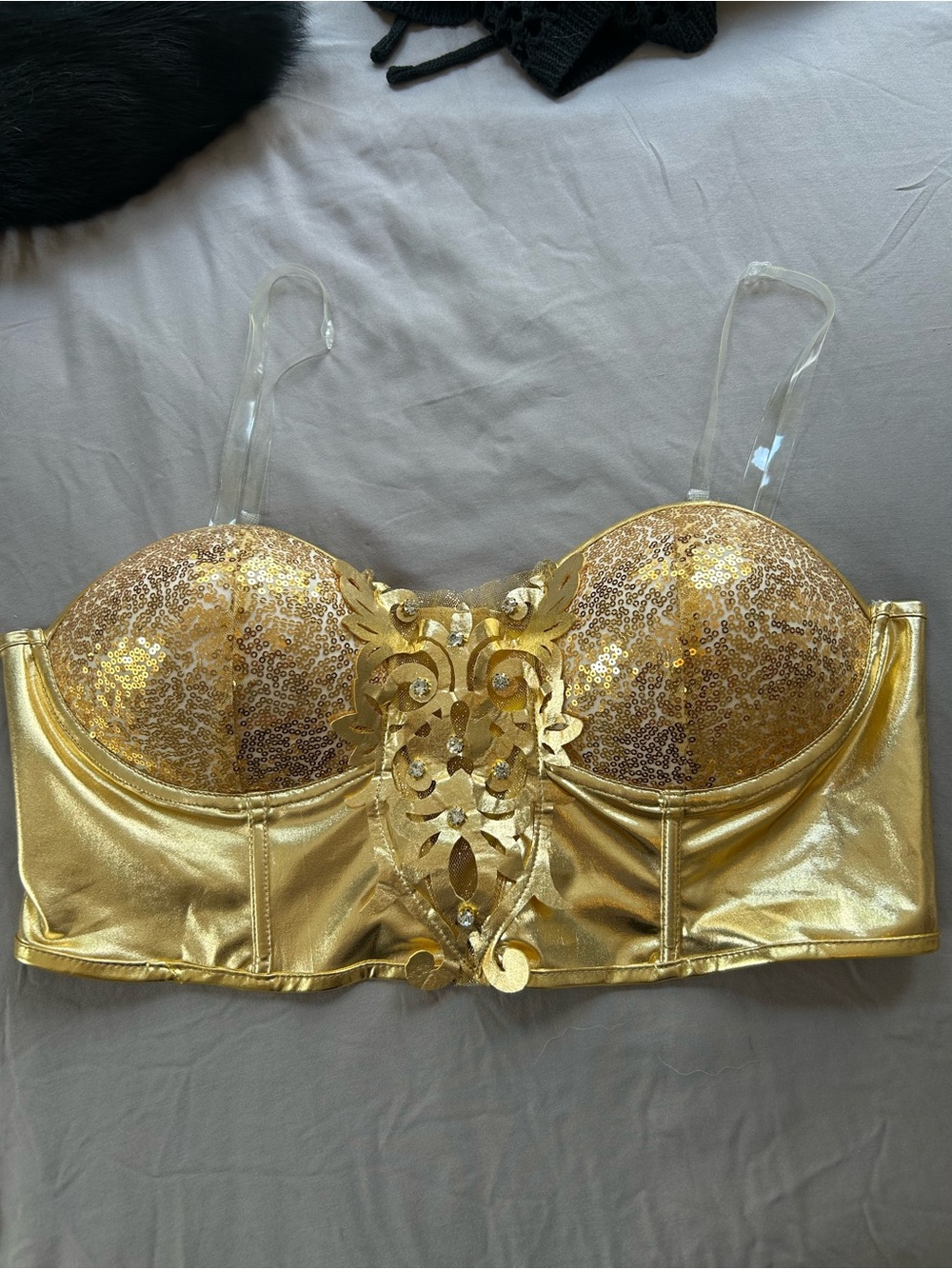 Gold Sequin Longline Bustier Bra with Decorative Applique